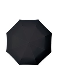 Zwarte paraplu met een solide, gestroomlijnd stofontwerp in een octagonale vorm en een centrale hub voor ondersteuning. Geen zichtbare patronen of accenten.