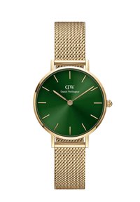 Gold mesh-Armbanduhren mit grünem Zifferblatt, die minimalistische Stundenmarkierungen und ein Logo aufweisen. Klassisches rundes Gehäuse mit glatter Oberfläche.