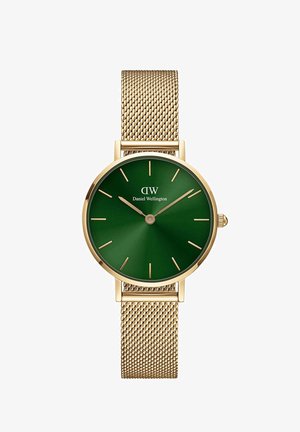 Gold mesh strap watch with a green dial, featuring minimalistic hour markers and a logo. Classic round case with a smooth finish.