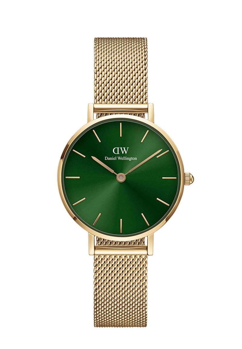 Gold mesh-Armbanduhren mit grünem Zifferblatt, die minimalistische Stundenmarkierungen und ein Logo aufweisen. Klassisches rundes Gehäuse mit glatter Oberfläche.