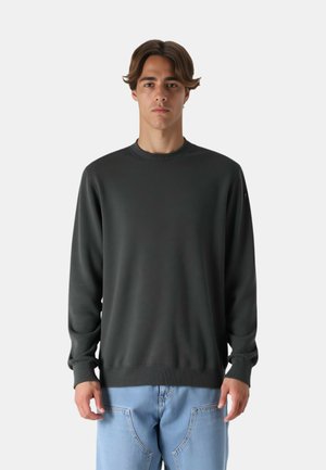 Maglione lavorato a maglia grigio scuro con scollatura tonda, polsini e orlo a costine; abbinato a jeans in denim blu chiaro. Nessun motivo o grafica visibili.