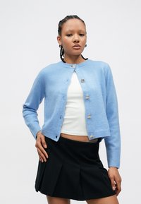 Nainen, jolla on letitetyt hiukset, pukeutuneena vaaleansiniseen neuletakkiin, jossa on simpukanmuotoiset napit, valkoinen paita ja musta laskoshame, poseeraa käsi lanteella.