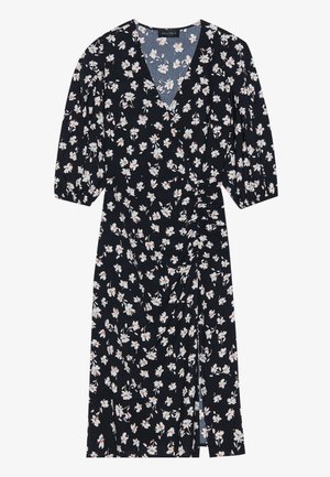 Rochie înflorată, cu un material bleumarin, având flori albe și portocalii, decolteu în V, mâneci tip balon elastice și o fanta înaltă pe o parte.