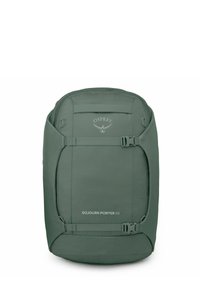 Sac à dos Osprey Sojourn Porter 65 en vert discret, avec une forme rectangulaire, un tissu durable, des compartiments zippés et des sangles ajustables.