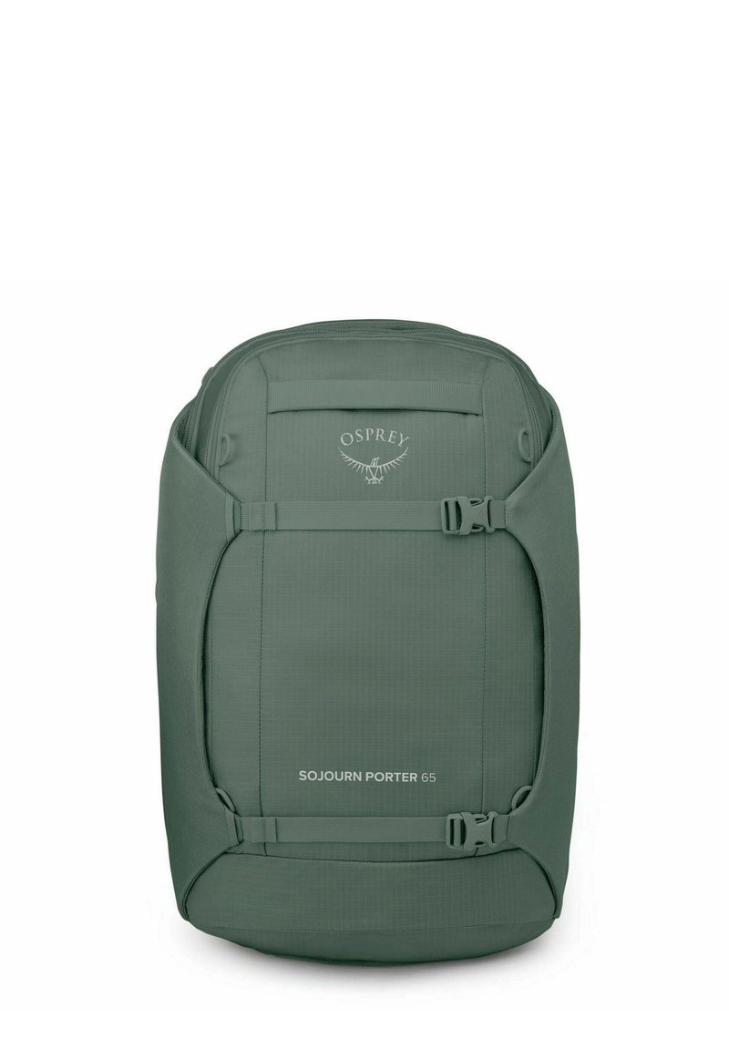 Sac à dos Osprey Sojourn Porter 65 en vert discret, avec une forme rectangulaire, un tissu durable, des compartiments zippés et des sangles ajustables.