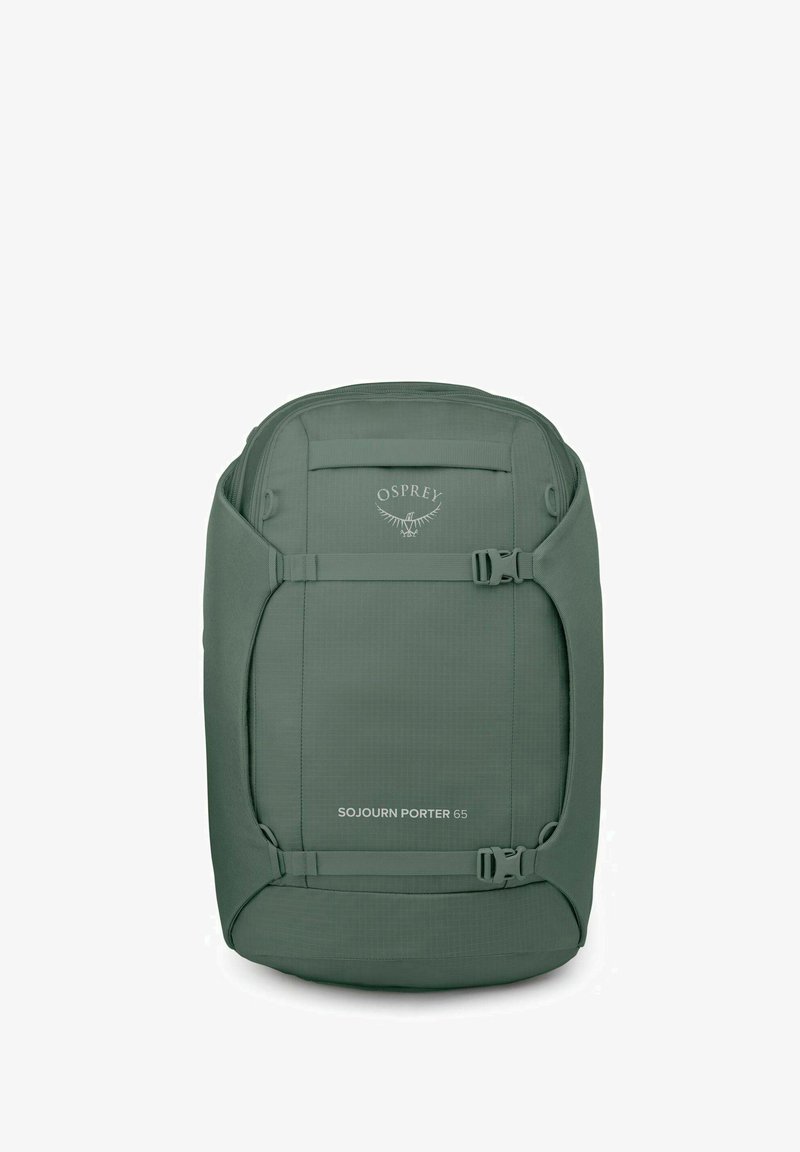 Sac à dos Osprey Sojourn Porter 65 en vert discret, avec une forme rectangulaire, un tissu durable, des compartiments zippés et des sangles ajustables.