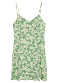 Vestido floral verde con tirantes spaghetti ajustables, que presenta un corsé ajustado, un lazo de cuerda en el centro y una falda suelta y fluida.