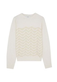 Strikket creme sweater med et bølget teksturmønster i blød beige og lysegrøn, med rund halsudskæring og lange ærmer.