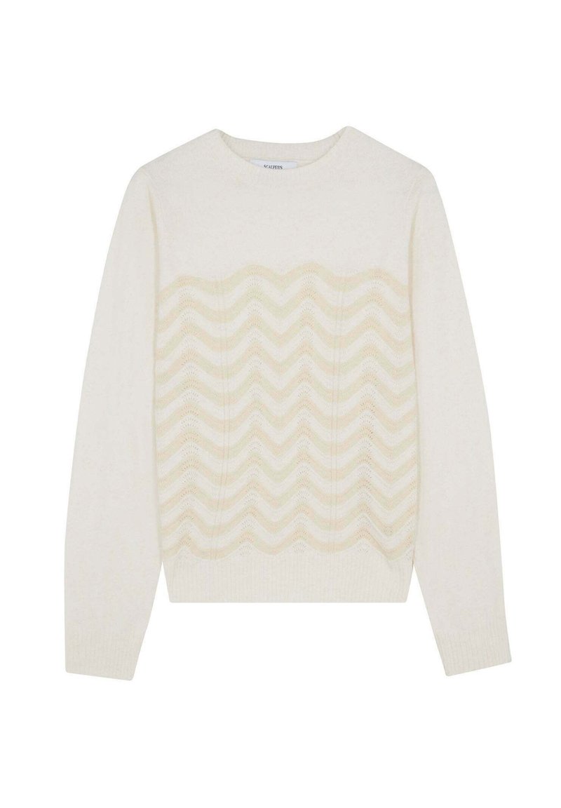 Strikket creme sweater med et bølget teksturmønster i blød beige og lysegrøn, med rund halsudskæring og lange ærmer.