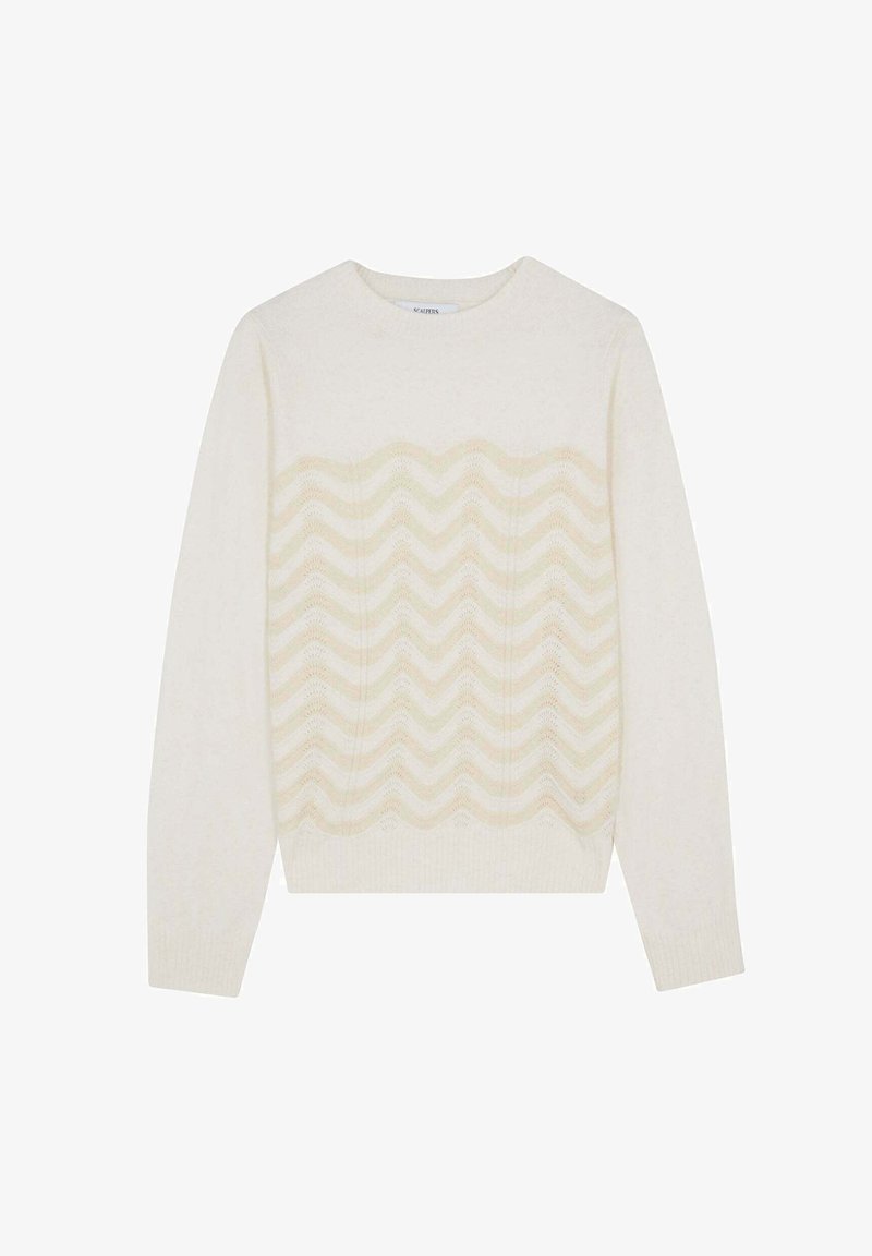 Knitted cream sweater featuring a wavy textured pattern in soft beige and light green, with a round neckline and long sleeves.