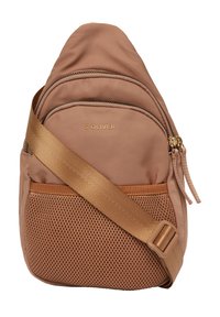 Borsa a tracolla S.Oliver in morbido tessuto rosa, con texture in rete sul fronte, tracolla regolabile in oro e scomparti con doppia zip.