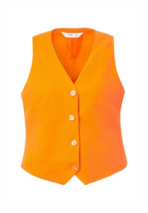 Oranje vest van gladde stof, met een V-hals, vijf knopen en twee zijzakken. Een schoon ontwerp zonder zichtbare patronen of accenten.