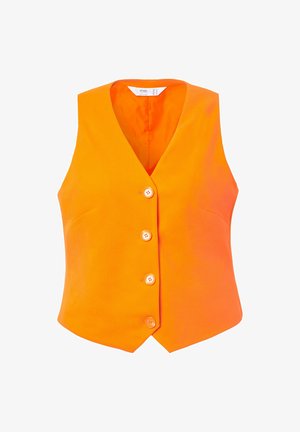 Orange vest lavet af glat stof, med V-halsudskæring, fem knapper og to sidelommer. Renset design uden synlige mønstre eller accenter.