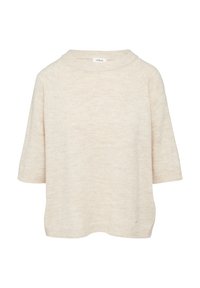 Beżowy sweter krótki z rękawami raglanowymi i szerokim dekoltem. Miękka tekstura i luźny krój. Minimalistyczny design, bez widocznych wzorów czy akcentów.