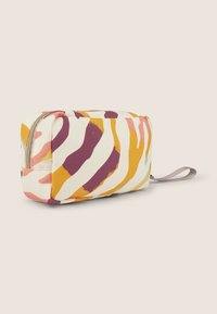 Bag per il trucco colorato con motivi astratti in rosa, giallo, viola e arancione. Presenta una chiusura con zip e un manico in tessuto.