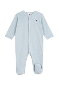 Body per neonati a righe, blu chiaro e bianco, con maniche lunghe, bottoni a pressione sul davanti e design con i piedi. Materiale in morbido cotone.
