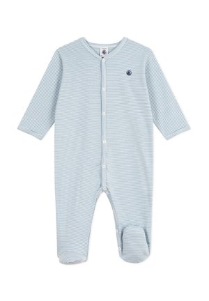 Gestreiftes Baby-Body in Hellblau und Weiß, mit langen Ärmeln, Druckknöpfen vorne sowie einem Fußdesign. Aus weichem Baumwollmaterial.
