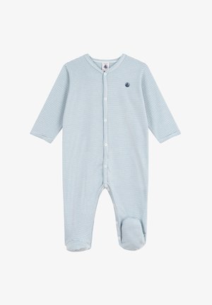 Gestreiftes Baby-Body in Hellblau und Weiß, mit langen Ärmeln, Druckknöpfen vorne sowie einem Fußdesign. Aus weichem Baumwollmaterial.