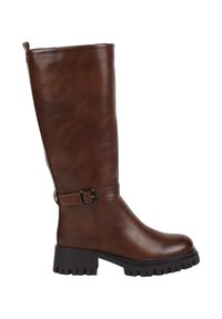 Botte haute en cuir marron jusqu'au genou, à bout rond, semelle en caoutchouc noire épaisse, avec une boucle sur le côté pour un détail supplémentaire.