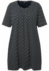 Marineblaues Kleid mit kurzen Ärmeln, das mit einem weißen Blattmuster versehen ist. Hergestellt aus weichem Material mit einem runden Ausschnitt und einer lockeren Passform.