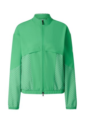 Grøn lynlåstrøje med mønstrede meshpaneler på ærmer og sider, elastisk kant og høj krave.