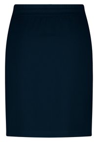 Jupe droite bleu marine avec taille élastique, longueur genou, en tissu lisse, sans motifs ni détails supplémentaires.