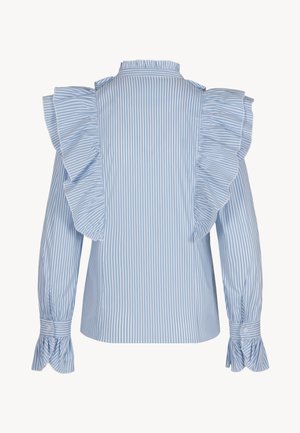 Blauwe en witte gestreepte blouse met ruches aan de mouwen, een rucheskraag en knoopsluitingen bij de manchetten. Glad stof met een getailleerde pasvorm.