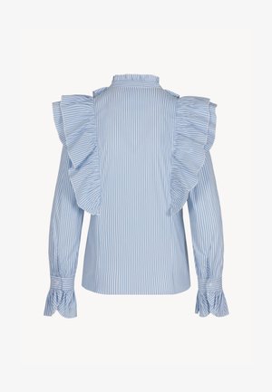 Niebieska i biała bluzka w paski z falbaniastymi rękawami, falbaniastym kołnierzykiem i zapięciem na guziki przy mankietach. Gładki materiał w dopasowanym kroju.