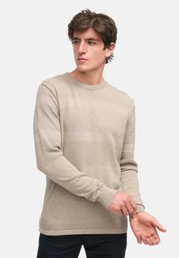 Beiger Strickpullover mit strukturierten horizontalen Streifen, geripptem Rundhalsausschnitt und langen Ärmeln. Weiches und leichtes Material.