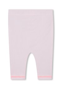 Leggings rose clair avec une texture douce. Présente une taille côtelée et un ourlet à volants de couleur néon rose pour plus de détails.