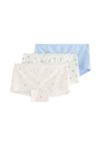Tre par af bomuldsstrækshorts i lys blå, hvid med pink sommerfuglemotiver og hvid med blå sommerfuglemotiver.