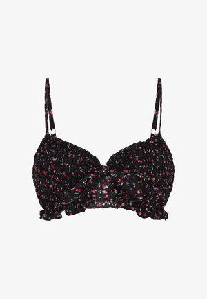 Czarny marszczony top bikini z cienkimi regulowanymi ramiączkami, ozdobiony małym czerwono-białym kwiatowym wzorem oraz kokardą z przodu.