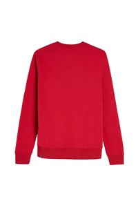 Czerwony sweter typu pulower z miękkiego materiału, z okrągłym dekoltem, długimi rękawami oraz ściągaczami przy mankietach i u dołu. Prosty design z naszywką na plecach.