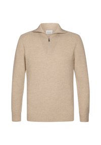 Suéter de punto beige con cuello alto, cremallera en la parte delantera de un cuarto y mangas largas. Textura suave con un sutil patrón vertical.