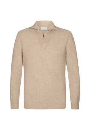 Maglione pullover a coste beige con colletto alto, zip quarti sulla parte anteriore e maniche lunghe. Texture morbida con sottile motivo verticale.
