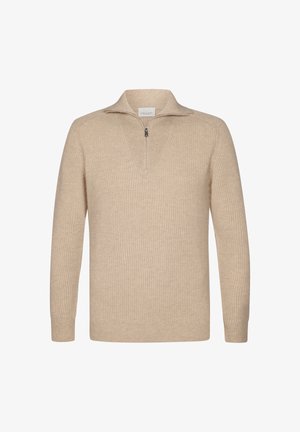 Beige ribbed pullover sweater with a high collar, quarter-zip front, and long sleeves. Soft texture with subtle vertical pattern.