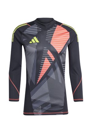Langsleeve sportshirt in het zwart met geometrische patronen in rood en grijs. Kenmerkt zich door groene strepen op de schouders en een v-hals ontwerp.