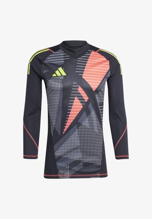 Langärmliges Sporttrikot in Schwarz mit geometrischen Mustern in Rot und Grau. Mit grünen Streifen auf den Schultern und einem V-Ausschnitt.