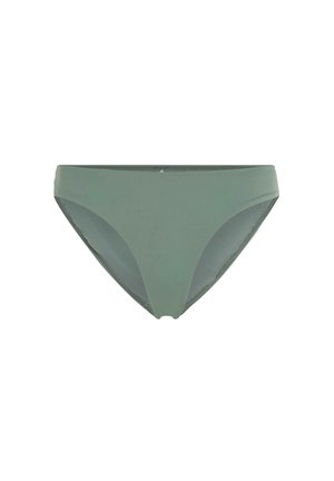 Parte inferiore di bikini verde con una texture liscia, design a vita media e copertura moderata. Presenta una finitura a bordi puliti per il massimo comfort.