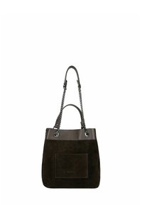 Bruine suède shopper met leren accenten in structuur, dubbele schouderbanden en een voorvak. Voorzien van zilverkleurige hardware.