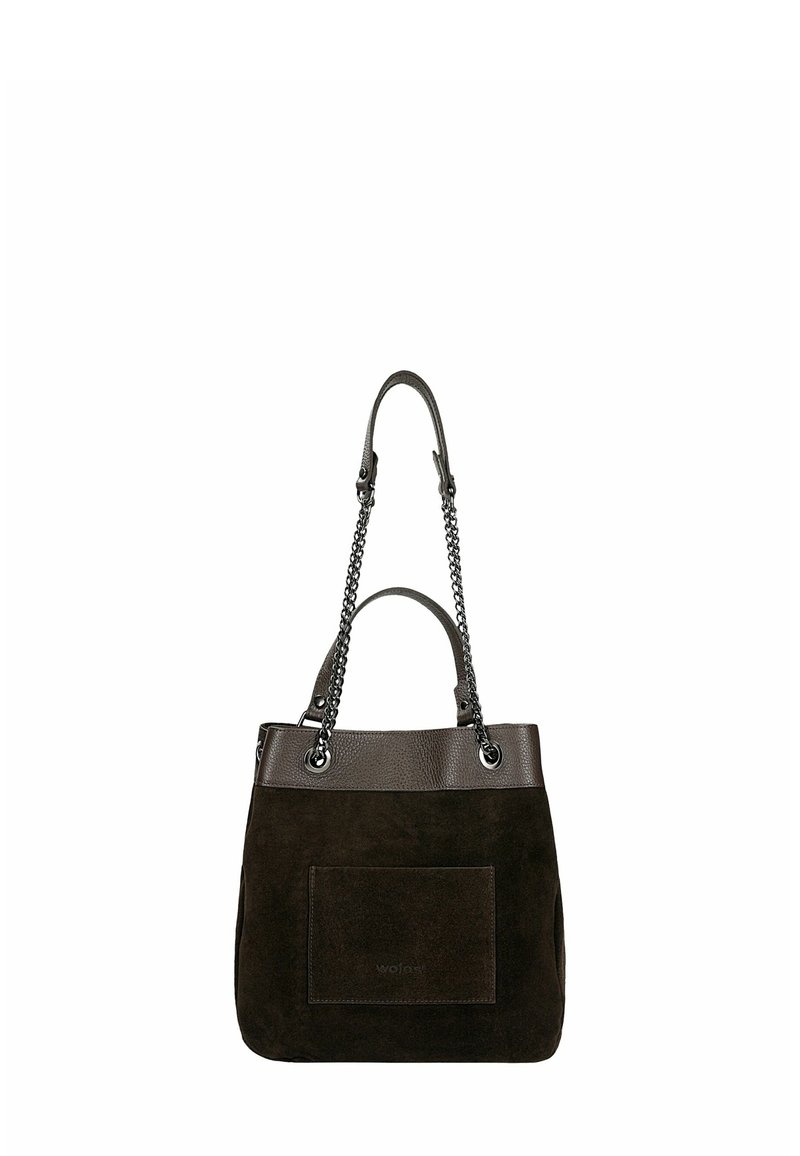 Bruine suède shopper met leren accenten in structuur, dubbele schouderbanden en een voorvak. Voorzien van zilverkleurige hardware.