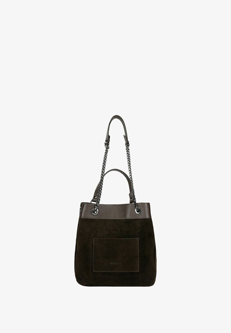 Bruine suède shopper met leren accenten in structuur, dubbele schouderbanden en een voorvak. Voorzien van zilverkleurige hardware.