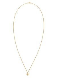 Guld halskæde med en lille bi-vedhæng med detaljerede vinger, sat mod en struktureret, tynd kæde. Enkel design, minimalistisk æstetik.