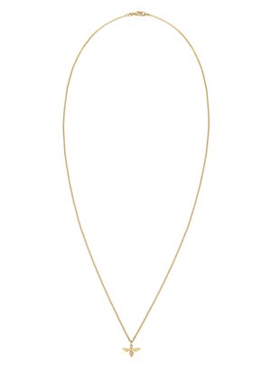 Guld halskæde med en lille bi-vedhæng med detaljerede vinger, sat mod en struktureret, tynd kæde. Enkel design, minimalistisk æstetik.