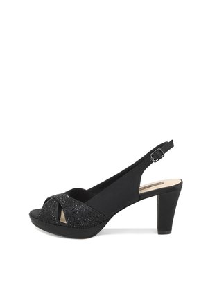 Sandali neri con tacco a spillo, tipo slingback, caratterizzati da un'apertura sulla punta, decorati con strass neri sulla tomaia e una finitura liscia e testa di morto.