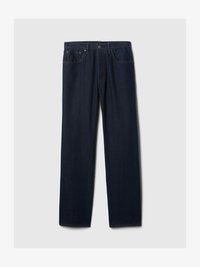 Vaqueros de mezclilla de pierna recta en azul oscuro con diseño de cinco bolsillos, cierre de botón y costuras visibles sobre un fondo claro.