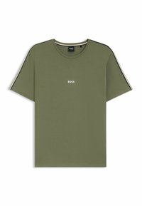 Olive green short-sleeve t-shirt made of cotton, featuring a round neck, white logo at the center, and contrasting black and white striped accents on sleeves.