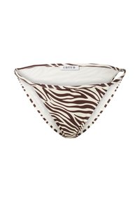 Bruine en crèmekleurige bikini onderkant met zebra-print, gemaakt van rekbare stof. Heeft een lage taille en dunne zijbandjes. Merkenlabel zichtbaar.