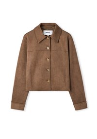 Chaqueta corta de cuero sintético marrón con un patrón texturizado, cierre de botón, gran cuello y mangas largas con detalles en los puños.