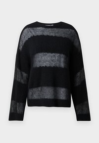 Schwarzer Strickpullover mit breiten horizontalen grauen Streifen, runder Ausschnitt und langen Ärmeln. Strukturierter Stoff, lässige Passform und lockerer Stil.